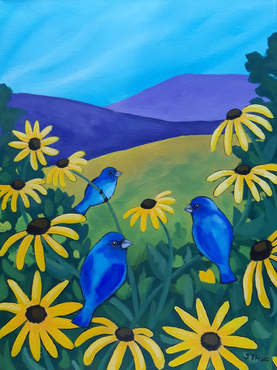 Open Meadow by Jane Thuss  Image: A beautiful meadow filled with bluebirds and yellow flowers.