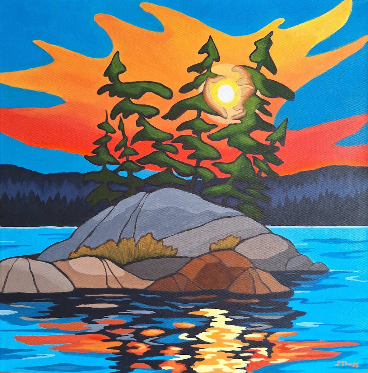 September Sunset by Jane Thuss  Image: The bright sunset shines through the pine trees and is reflected on the water of the blue lake.