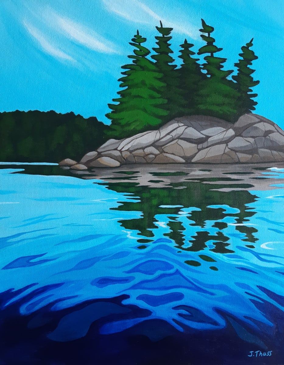 Soothing Waters by Jane Thuss  Image: The reflections of pine trees and rocks ripple in the water of the deep blue lake.