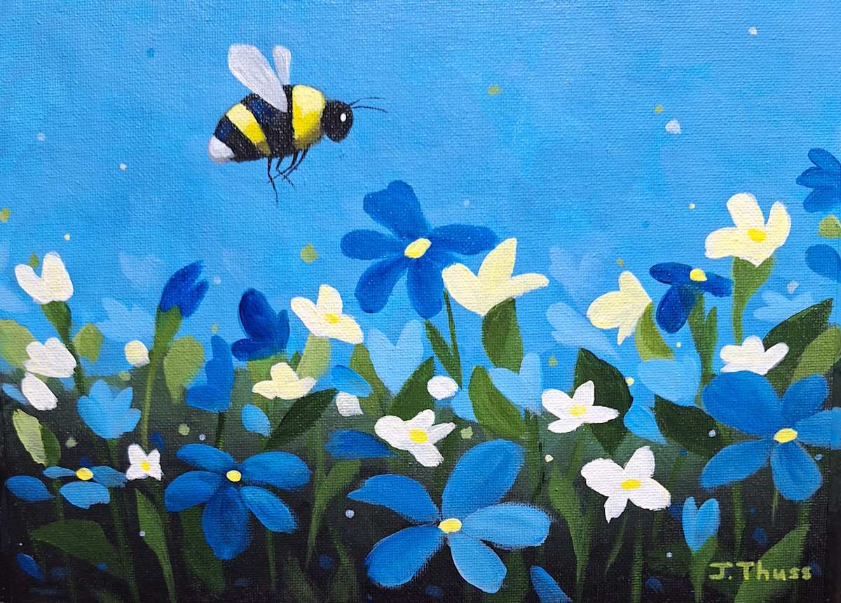 Spring Gardens by Jane Thuss  Image: A bumblebee hovers over the clusters of tiny white and blue flowers in the Spring garden.