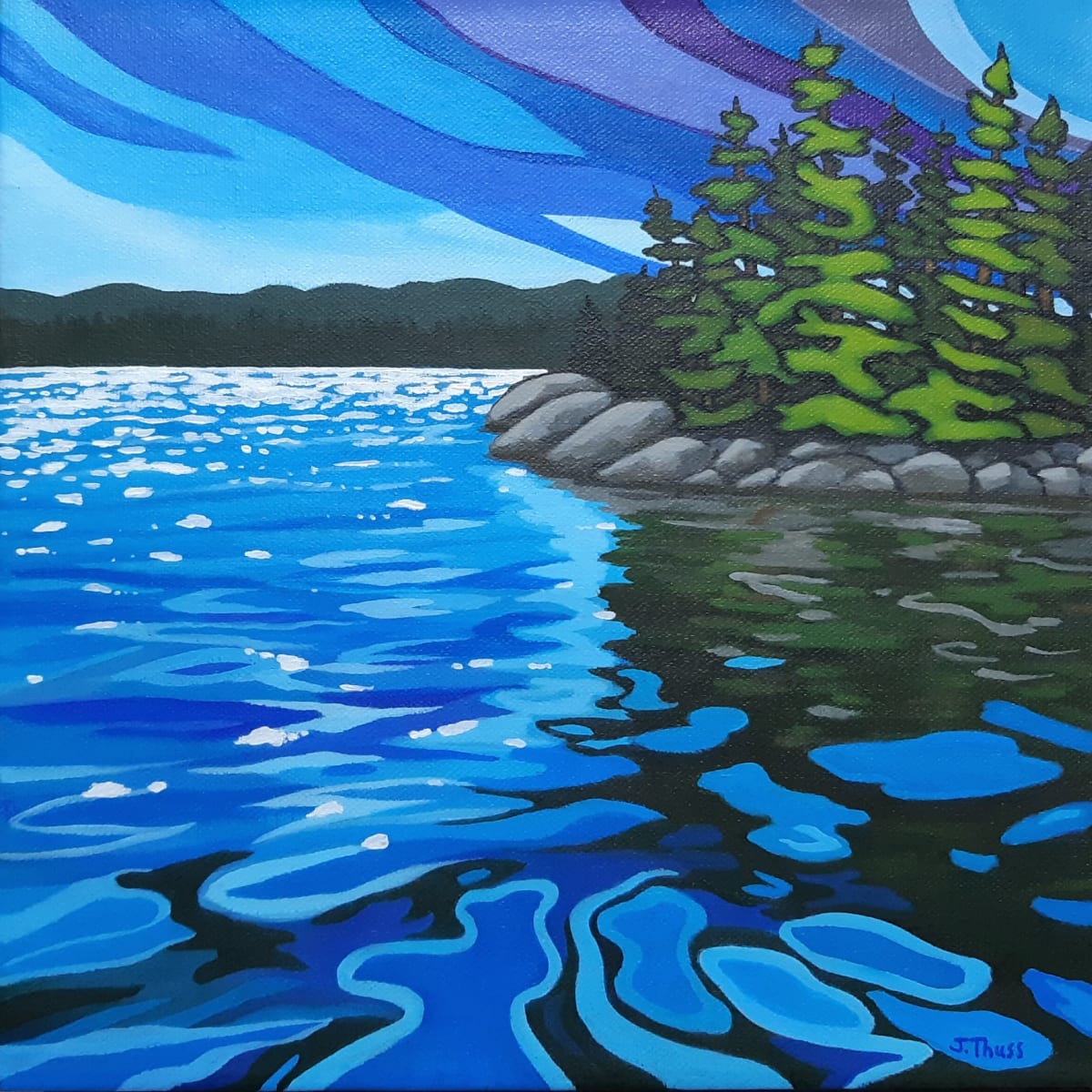 Storm On The Horizon by Jane Thuss  Image: Storm clouds are blowing in over a small rocky island covered in evergreens. The water ripples and reflects the sky and trees.