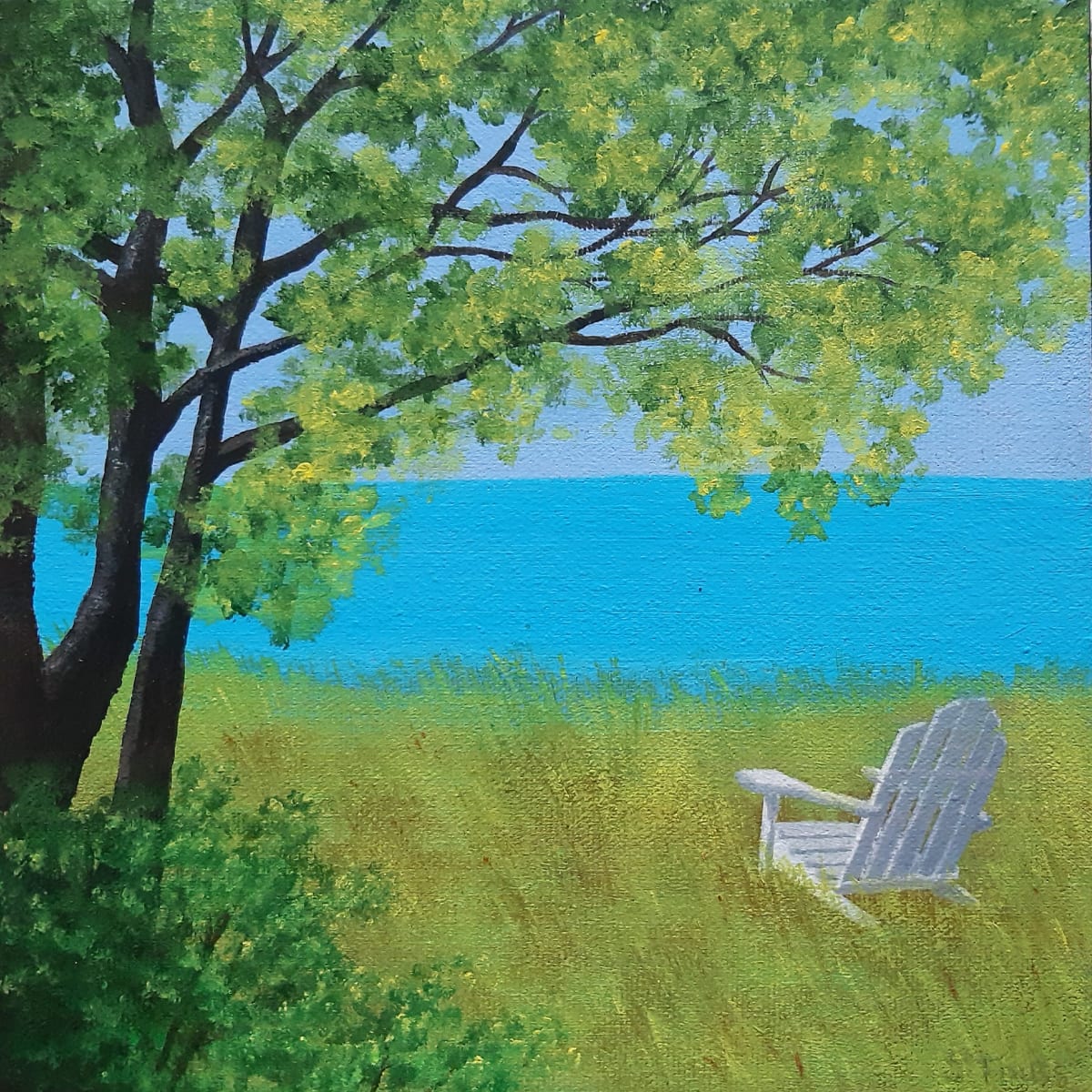 Summer By The Lake by Jane Thuss  Image: A single muskoka chair sits overlooking a blue lake on a summer day.