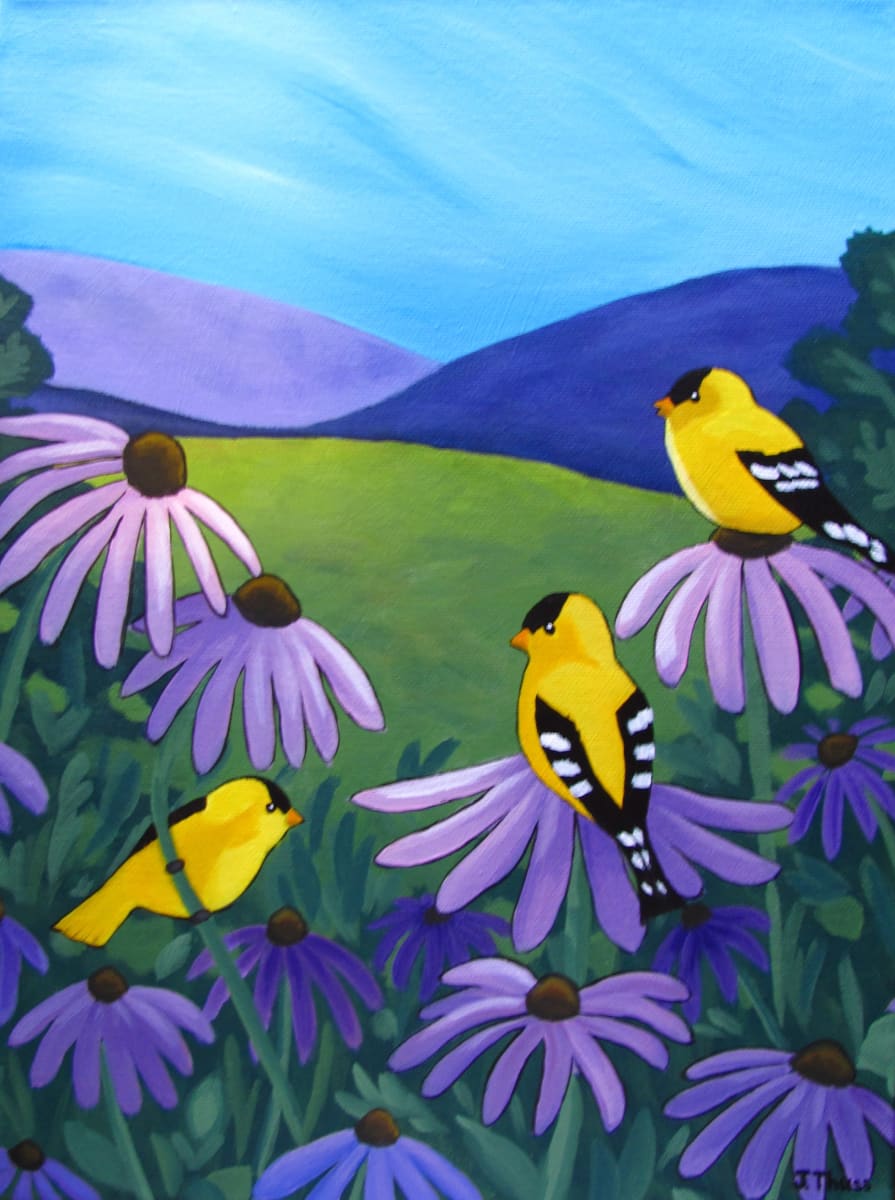 Summer Meadow  Image: A colourful meadow full of yellow finches and purple flowers.