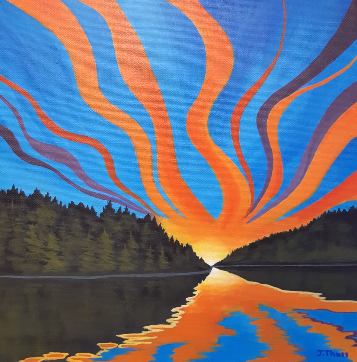 Summer Sunset by Jane Thuss  Image: Orange and purple rays of light stretch upwards into the evening sky as the sun sets over a dark forest and blue and orange reflective lake.