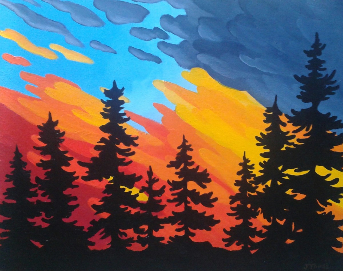 Sunset Through the Pines by Jane Thuss  Image: The black silhouette of the pine trees stand starkly against the bright and colourful sunset. 