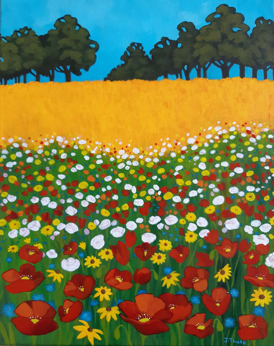 Wildflower Meadow by Jane Thuss  Image: A colourful field of wildflowers spreads out in front of a wheatfield and forest.