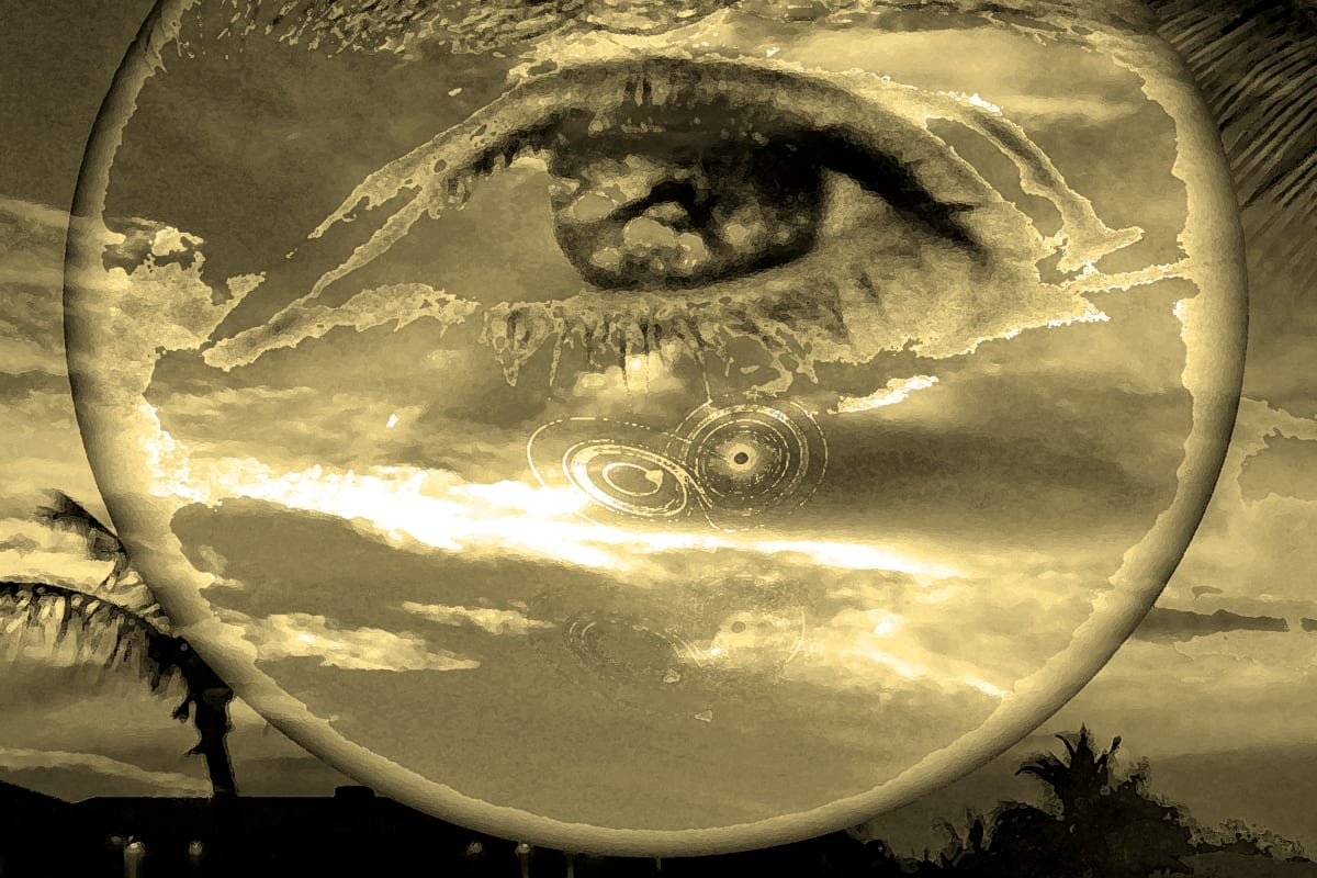 Time Blinks by Rochelle Berman  Image: This artwork explores the concepts of time, chaos theory, and the surreal. It depicts a scene that is both fleeting and eternal, where moments blink in and out of existence like the blink of an eye. The viewer's perspective is represented by a surreal eye gazing up at the clouds, which become a canvas for the unfolding chaos.