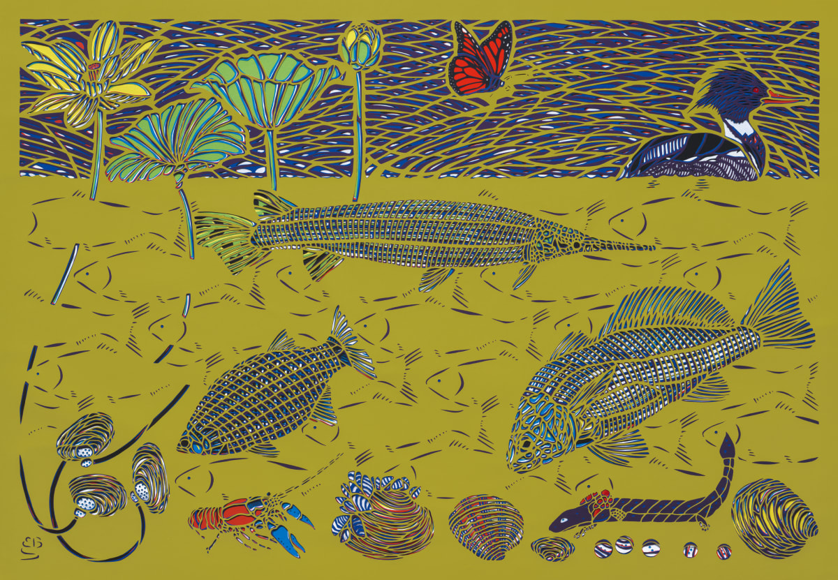 Upper Mississippi River  Image: Large, multi-l;ayered papercut depicting species found in upper Mississippi River