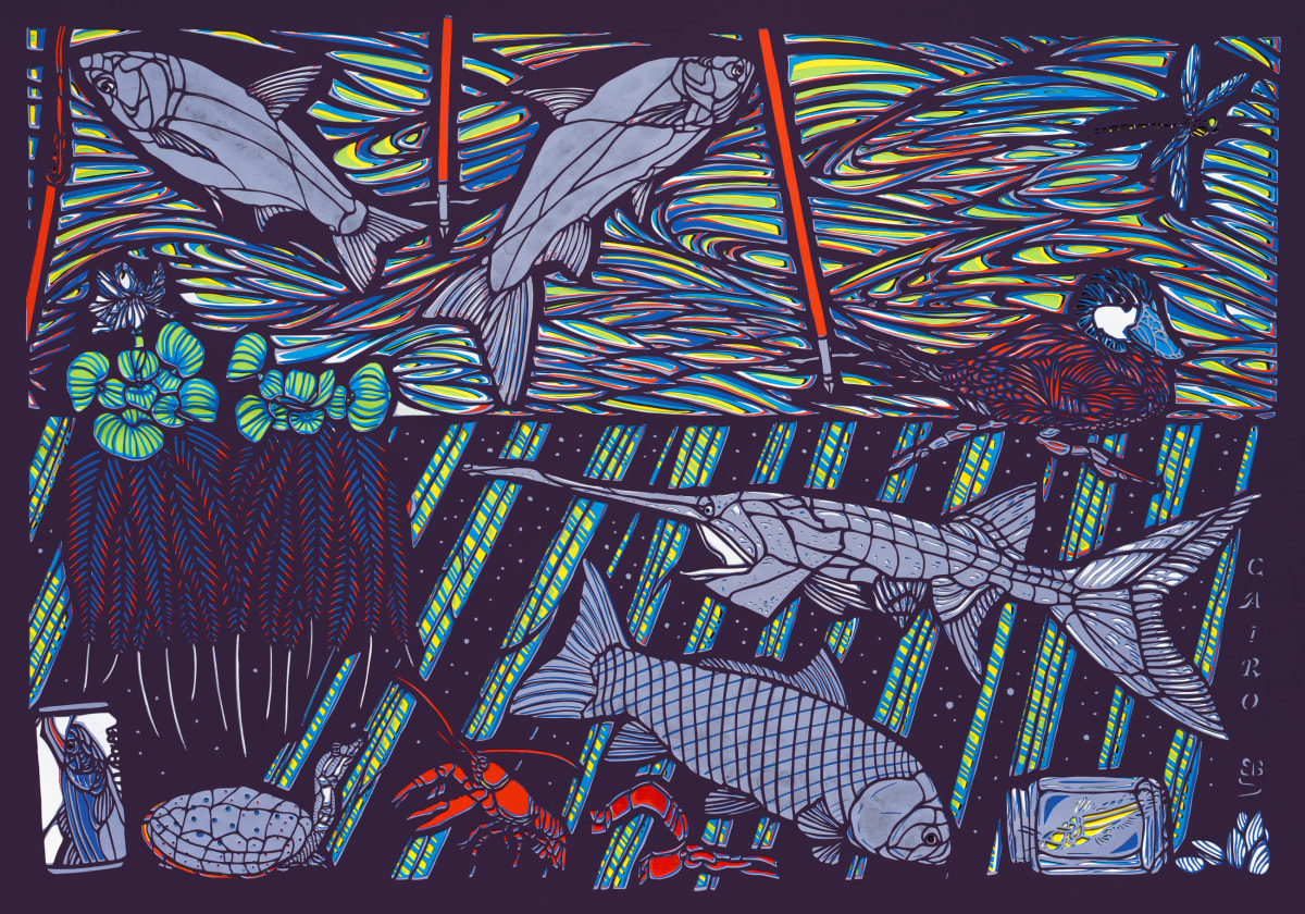 Middle Mississippi River  Image: Large, multi-layered papercut depicting species found in the middle stretch of the Mississippi River
