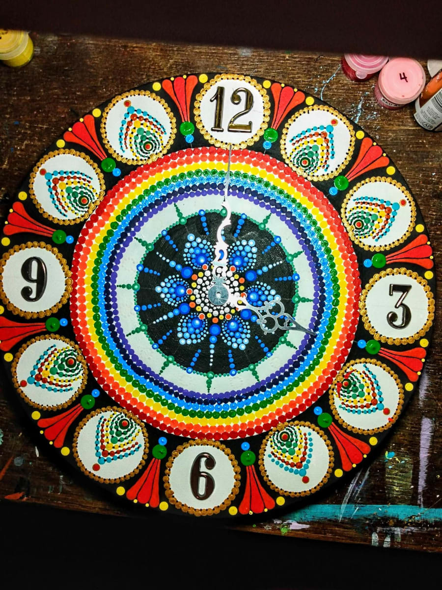 12" Rainbow Mandala Clock by Terri Martinez  Image: 12" Rainbow Mandala Clock on canvas