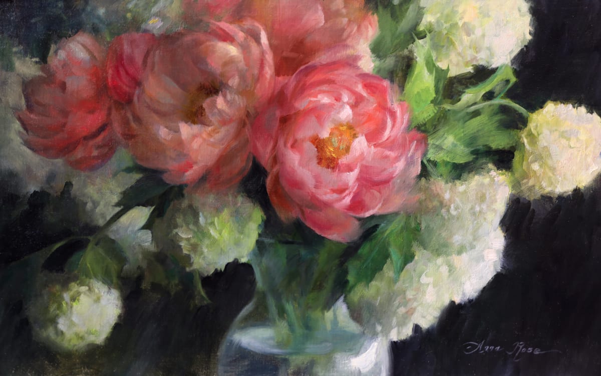 Coral Peonies and Hydrangeas by Anna Rose Bain 