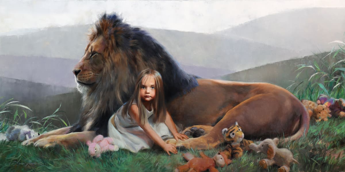 A Child Will Lead Them by Anna Rose Bain  Image: When I began this painting my objective was to create a "lion and lamb" themed artwork that had never been done in quite this way before. Originally it was just the little girl and the lion, but it evolved into so much more as I added in stuffed animals along with the wild, jungle-like surroundings. One could interpret this piece in many different ways. On the surface it appears to be a contemporary interpretation of the passage from Isaiah 11, but on another level, it becomes more about the challenges that a young child faces as she transitions into adulthood. The model is my daughter, five years old at the time. Her intensity has always struck me and I know she will be a world-changer. Here, she faces the viewer undaunted, almost daring us to bring it on, and while the remnants of childhood lay cast aside, she embraces the strength of the lion and looks ahead with courage rather than fear.