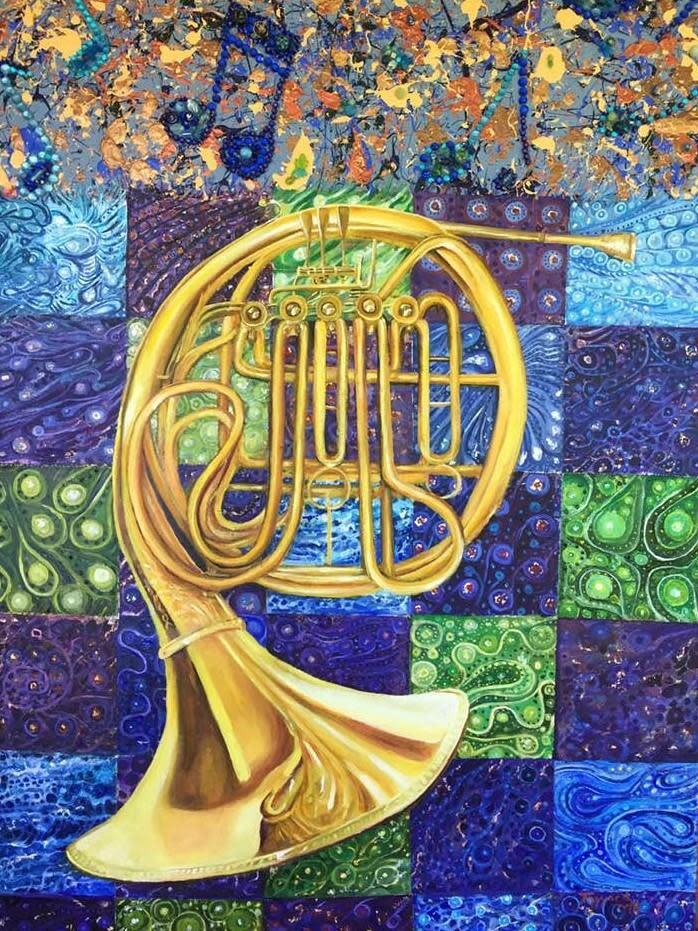 French Horn with Blue Note Border by Tony Mayard 