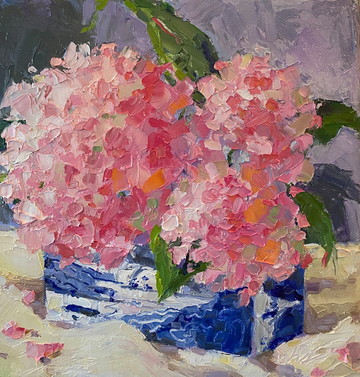 Hydrangeas in an Asian Block Vase 