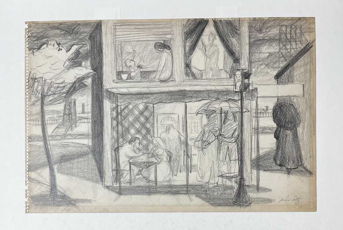 Couple in a Cafe (drawing) by Jack McLarty  Image: (Drawing only, mat flipped out of way)