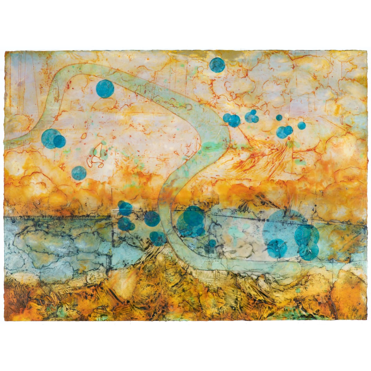 Farewell to Venice by Elise Wagner Fine Art, LLC  Image: "Farewell to Venice" derived from my last sight of the light in the early morning hours of Venice as seen from a water taxi to the train station. Using the map of Venice, the blue circles indicate the map of the flood path along the grand canal. This piece was created to express the critical fragility of Venice in the face of climate change. 