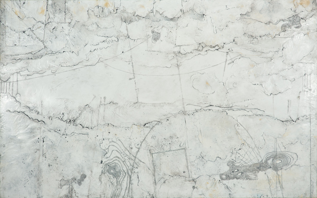 Polar Meridian by Elise Wagner Fine Art, LLC  Image: Pleistocene Park is a nature reserve where attempts are being made, via its ancient permafrost, to recreate the subarctic ecosystem that flourished in the Pleistocene era. The white encaustic surface with graphite depicts the terrain, suggesting findings of ancient fossils of extinct species.