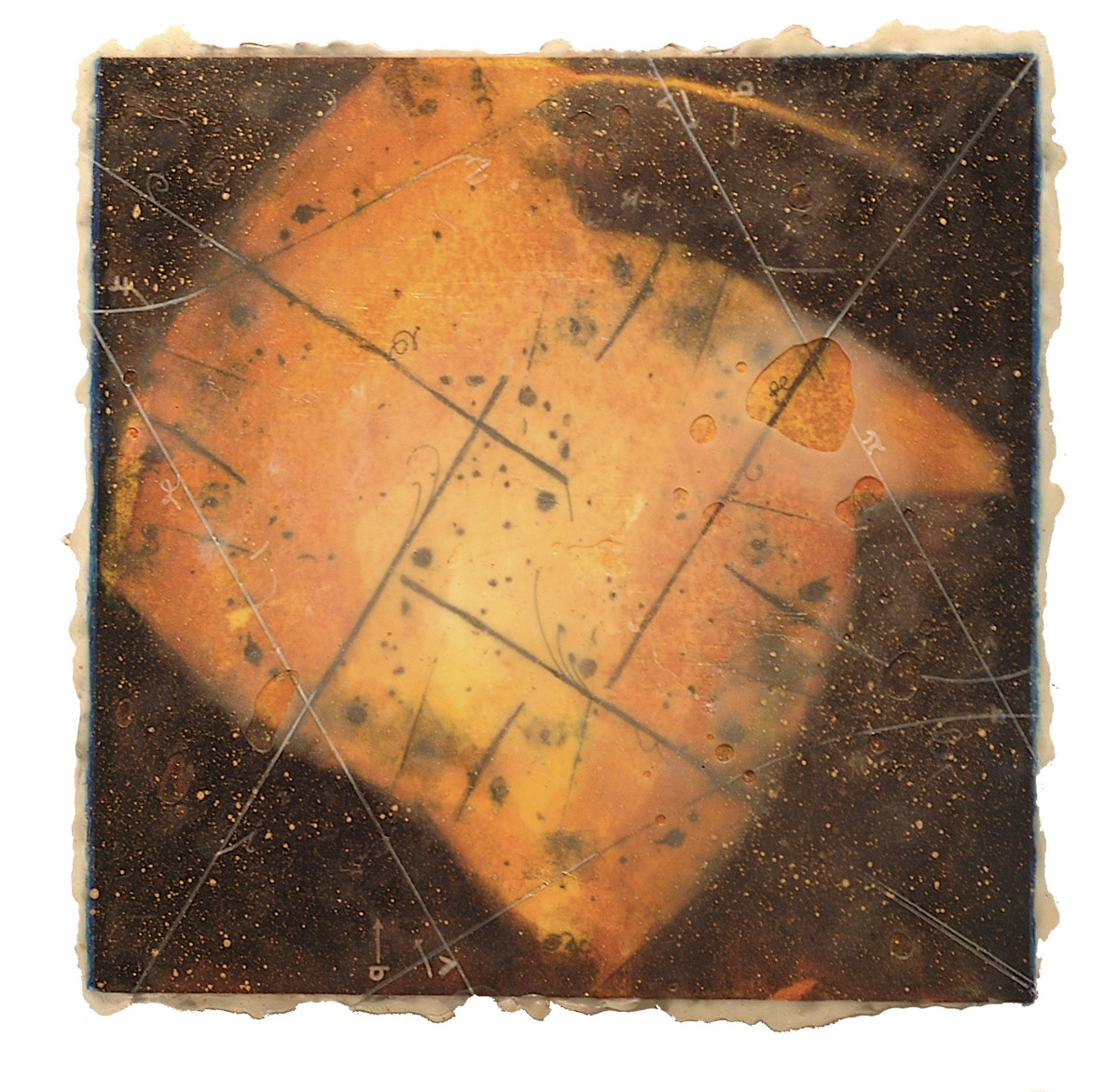 Riddle Sphere by Elise Wagner Fine Art, LLC  Image: This piece began as an toner transfer print on paper that is mounted to a panel and buried under layers of wax. It is inspired by mathematical riddles and solar storms on the sun.
