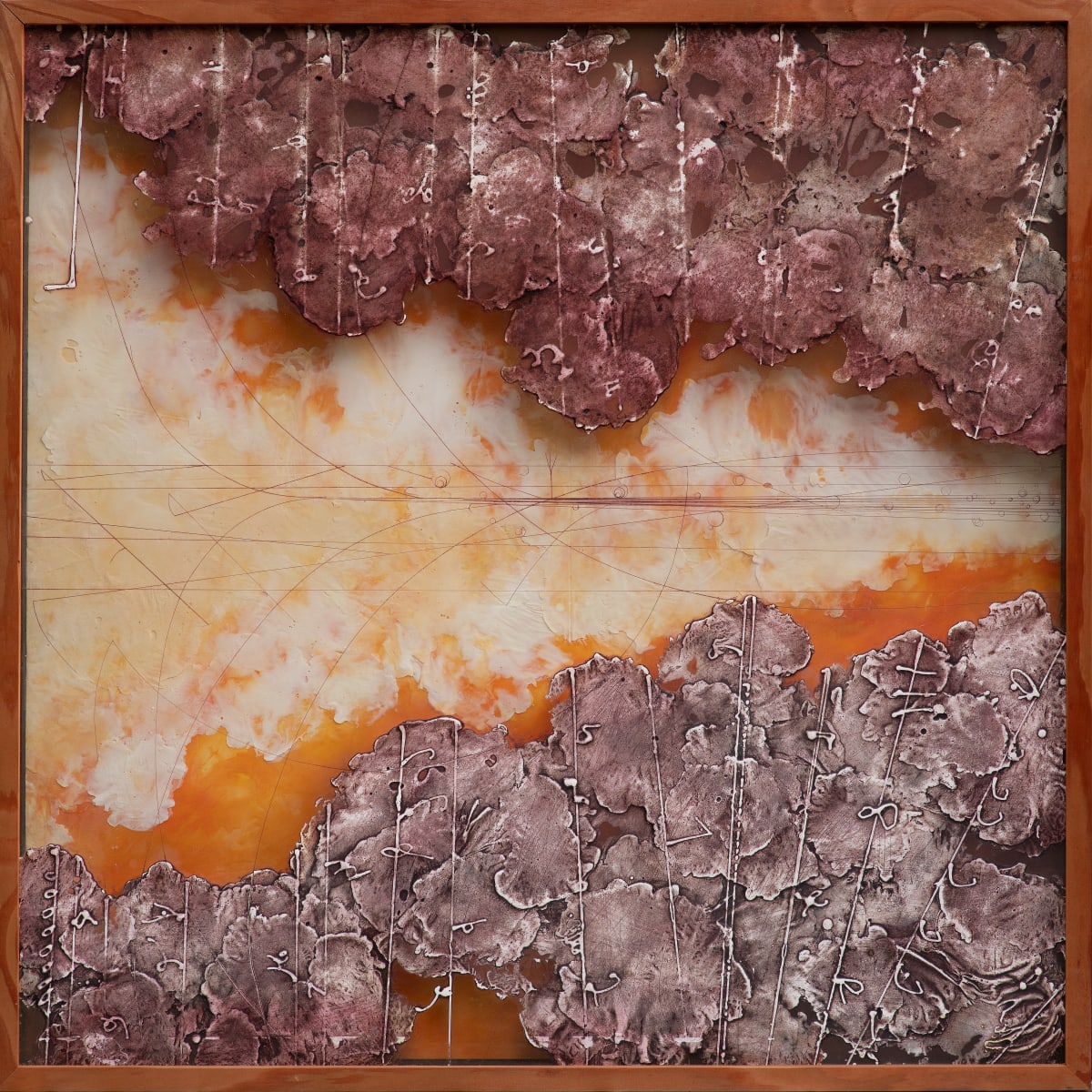 Traces & Transits Plate 2. by Elise Wagner Fine Art, LLC  Image: This piece is a shadowbox framed acrylic collagraph plate backed by an encaustic painting. 