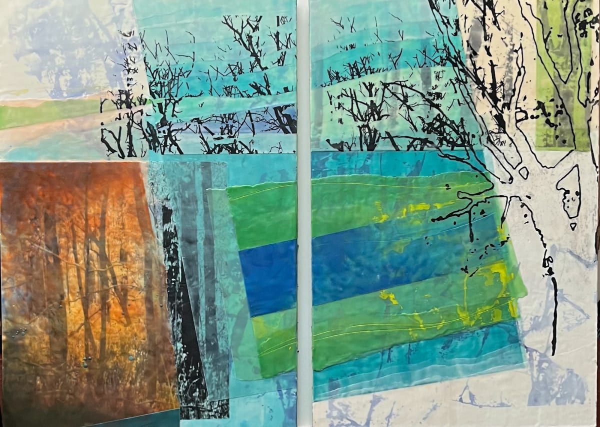 Forest Map by Jane Michalski  Image: "Forest Map"  encaustic on two panels, inkjet print, silkscreen 36" x 48"