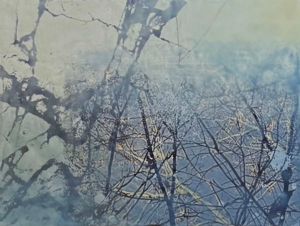 Study for November Wind by Jane Michalski  Image: encaustic on panel, photo transfer, silkscreen  18 x 24 in.