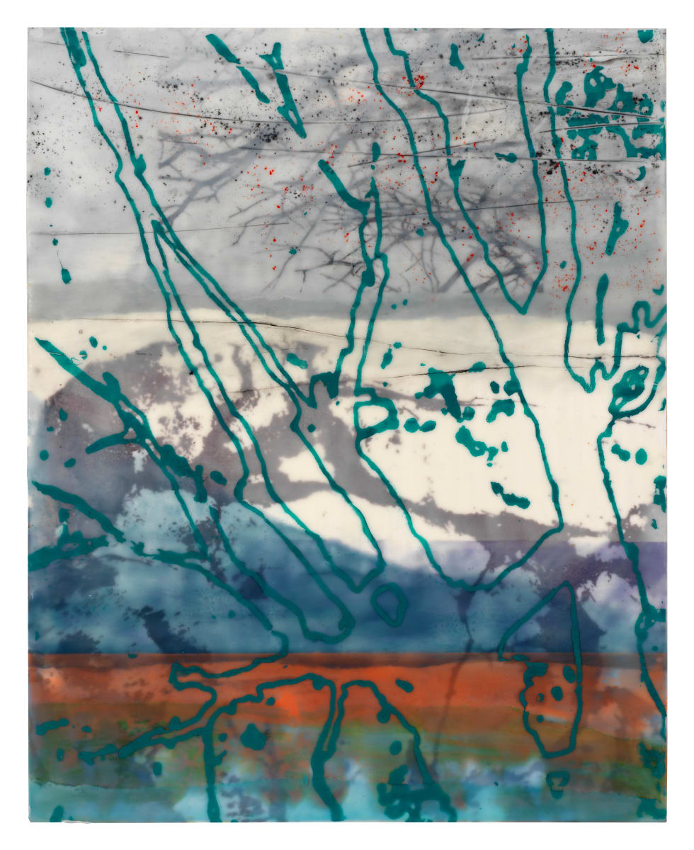 Through the Branches by Jane Michalski  Image: encaustic on panel,ink jet print, silk screen