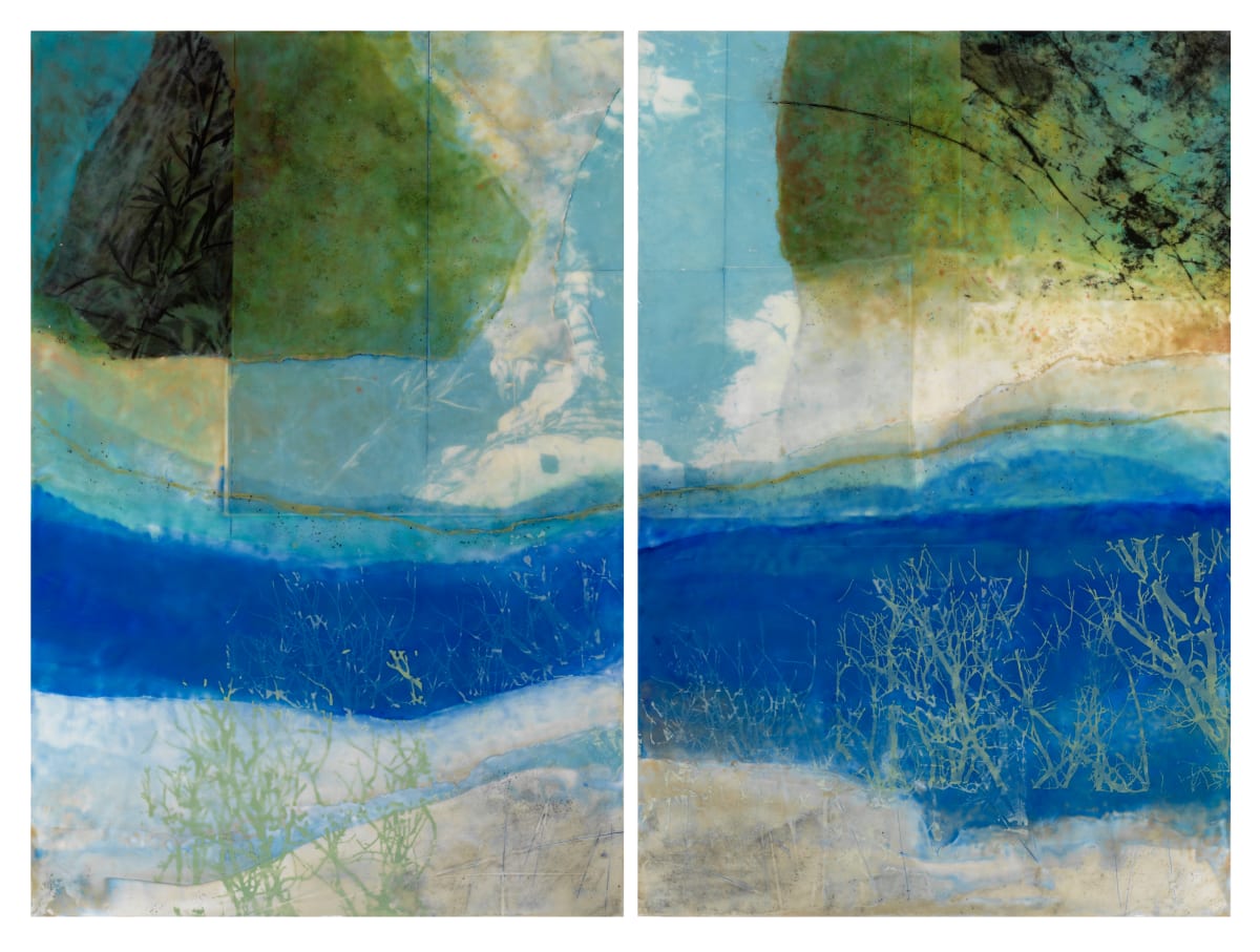 Water's Edge (Spring) by Jane Michalski  Image: Encaustic on panel, ink jet print, silk screen
on two panels