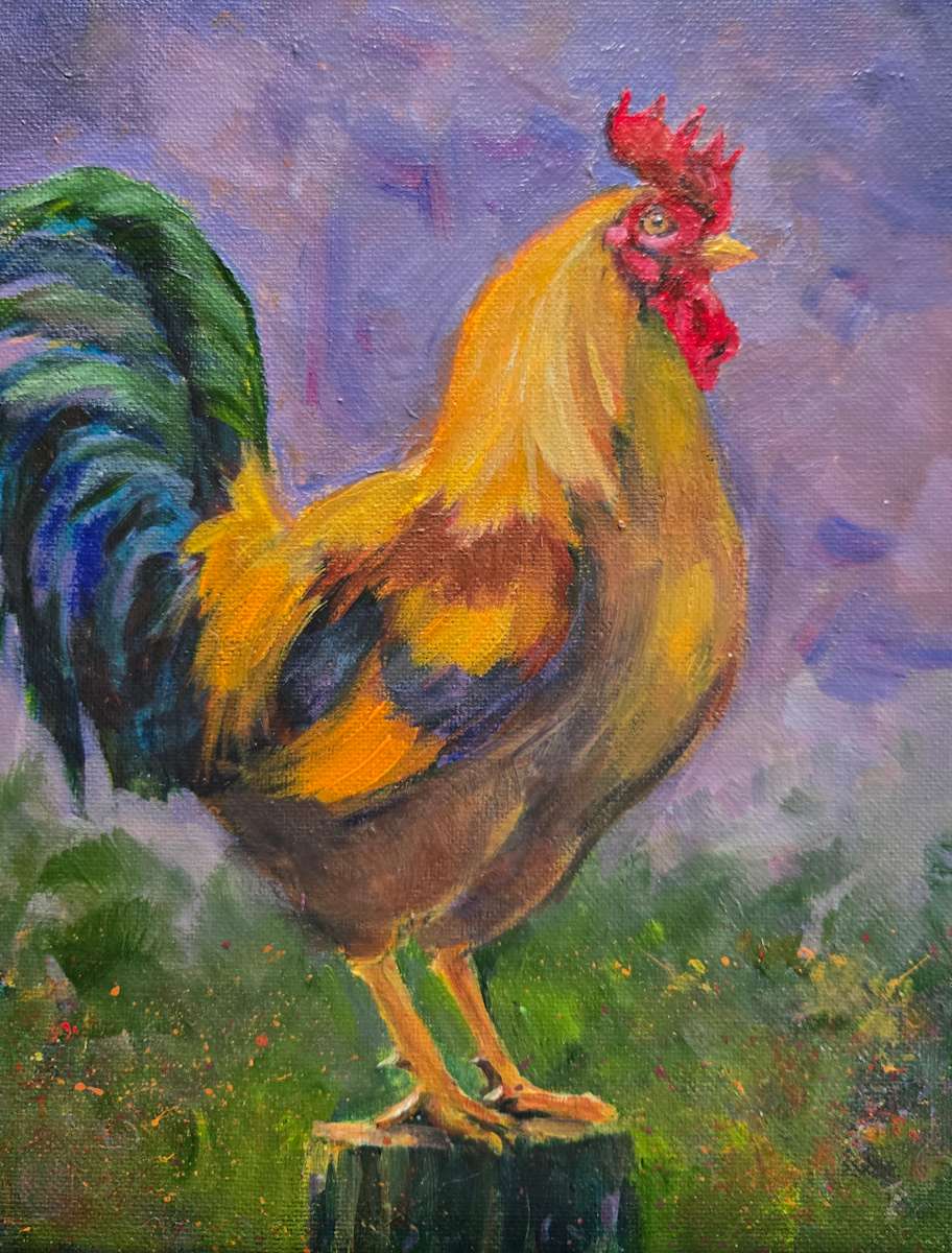 Rooster on Purple by Lynette Redner 