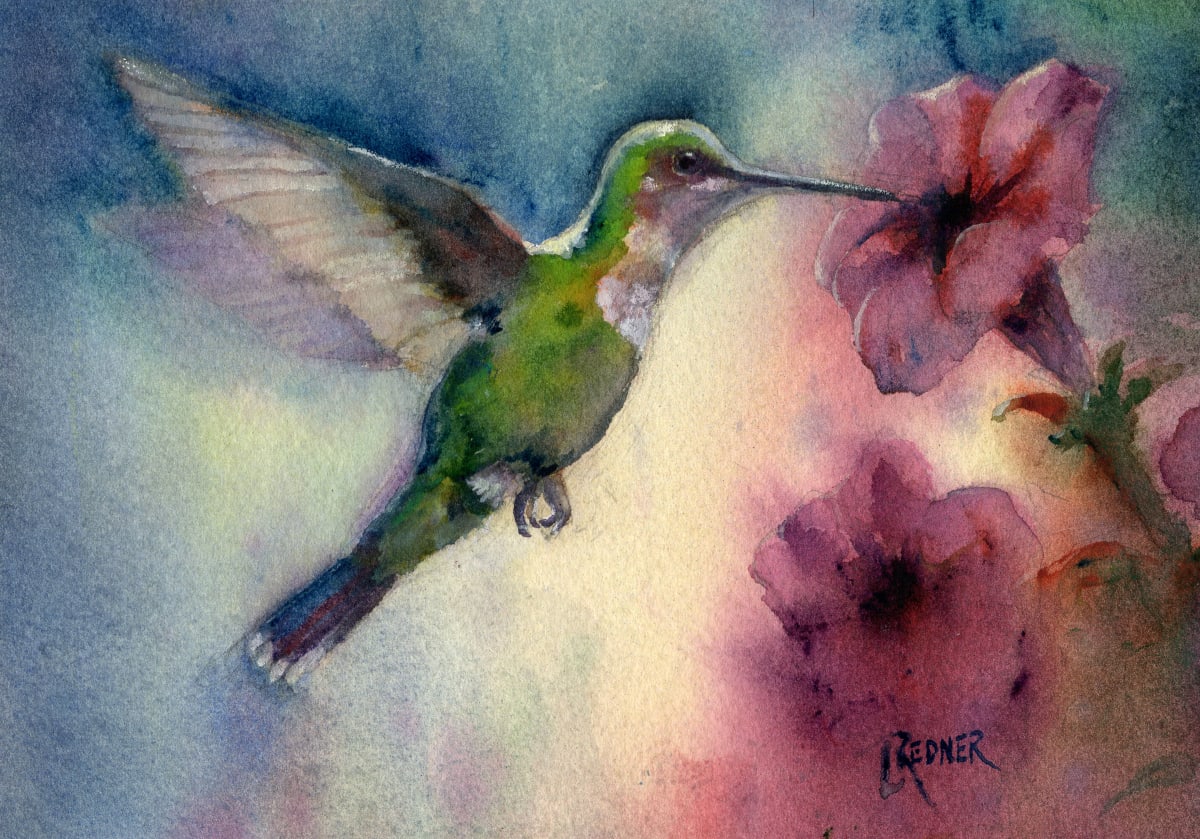 Hummingbird and Petunias 