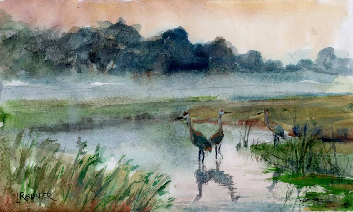 Morning on the Creek. Cranes by Lynette Redner 