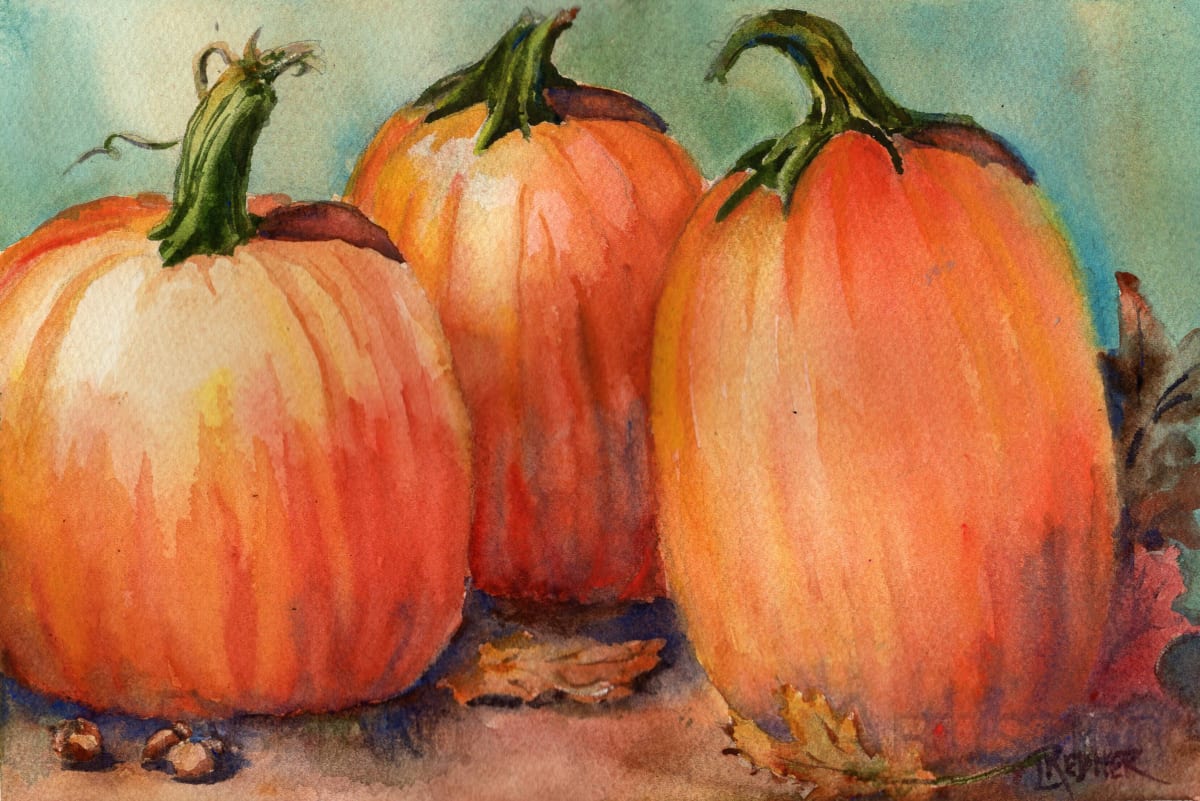 Three Pumpkins and Fall Leaves 