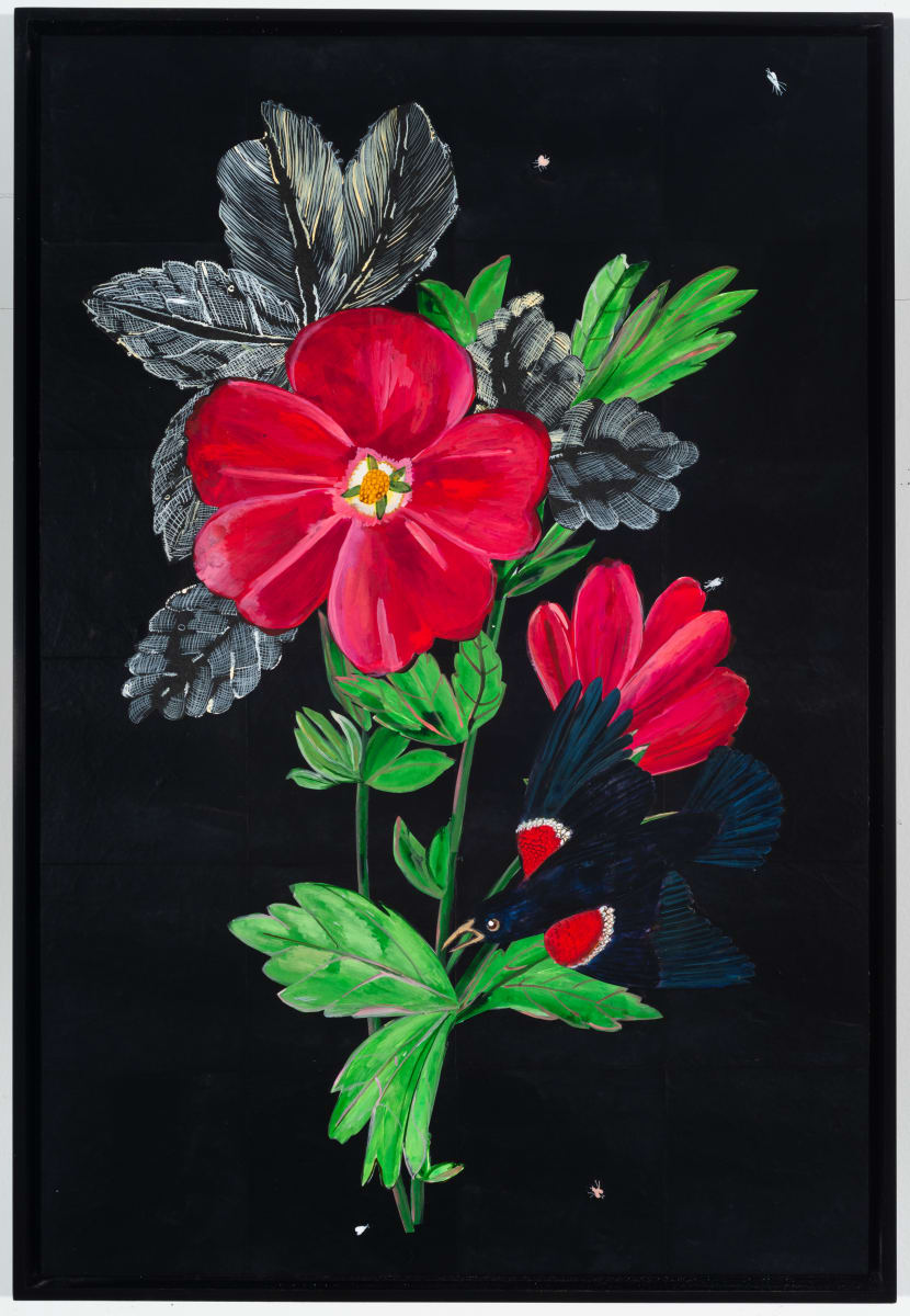 Red-winged Blackbird, Purple Poppy Mallow by Nancy Friedemann-Sánchez 