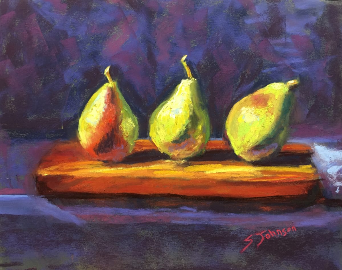 Three Pears On  A Cutting Board, Image 1.