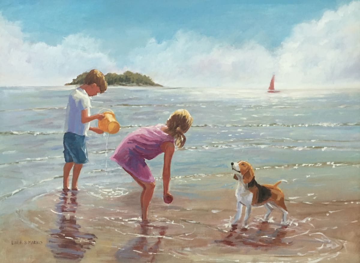 Beach Fun by Linda S. Marino  Image: Kids playing on the beach with their dog 