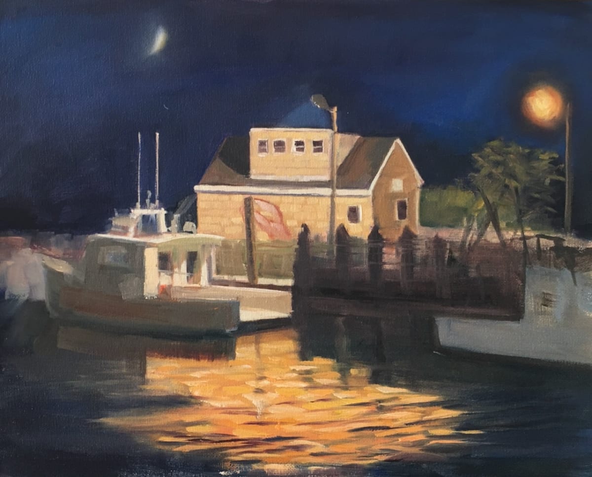 Lobster boat in the Moonlight, Guilford Marina, Guilford, CT by Linda S. Marino 