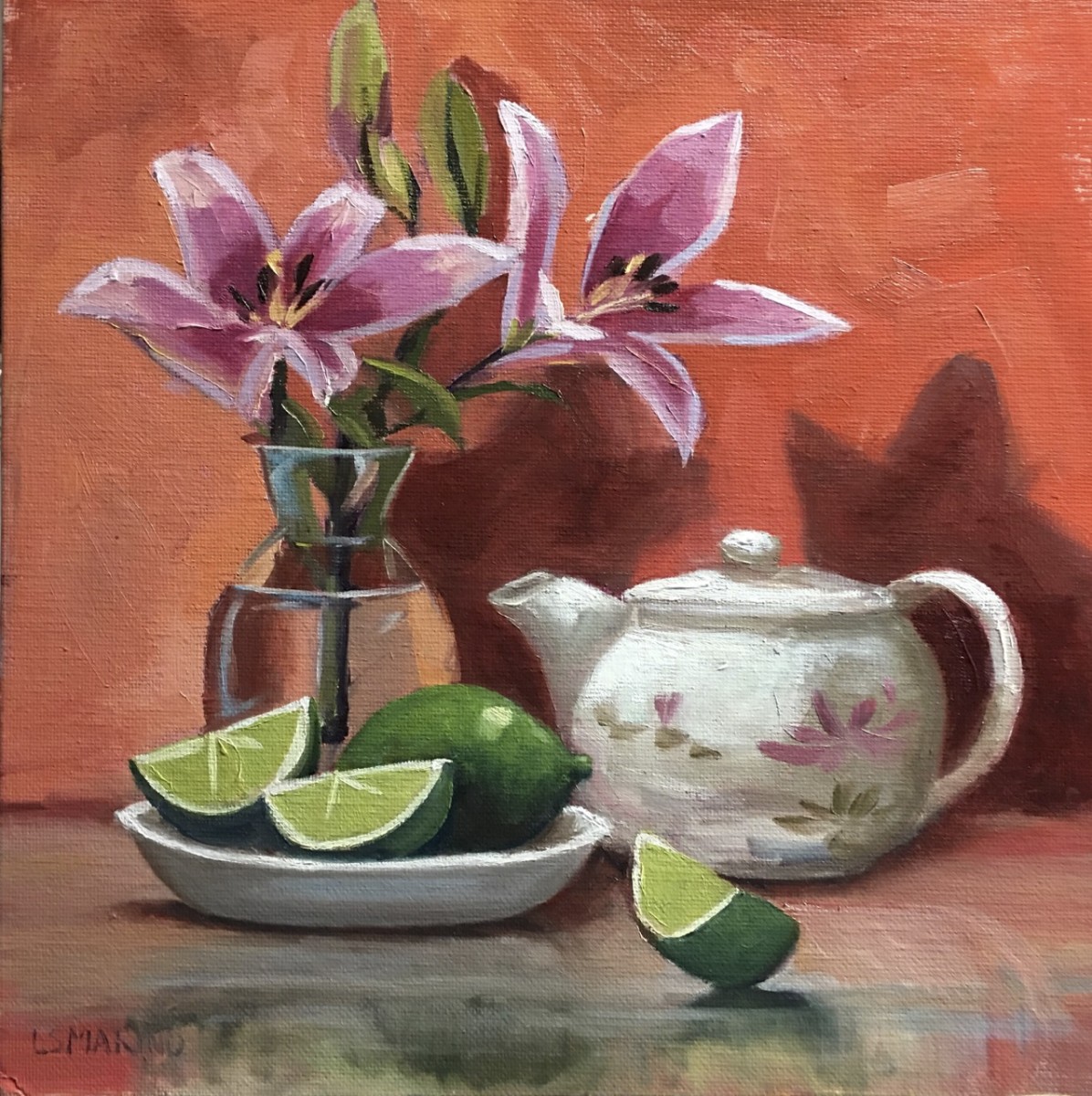 Pink Lilies, Limes and Teapot by Linda S. Marino 