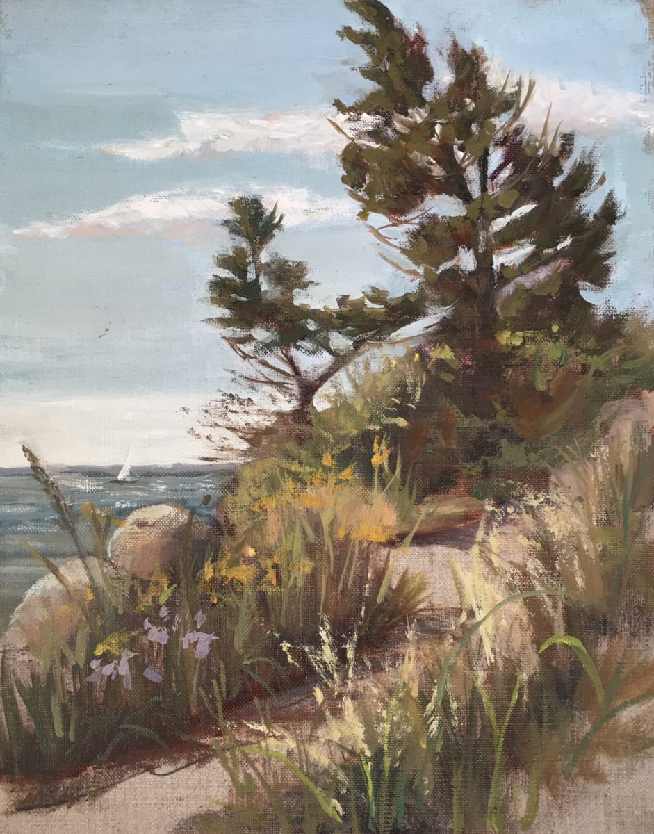 Soft Winds, Hammonasset, Madison, CT  Image: Painting of Hammonasset Beach, Meig's Point with trees and foliage blowing in the wind, painted en plein air