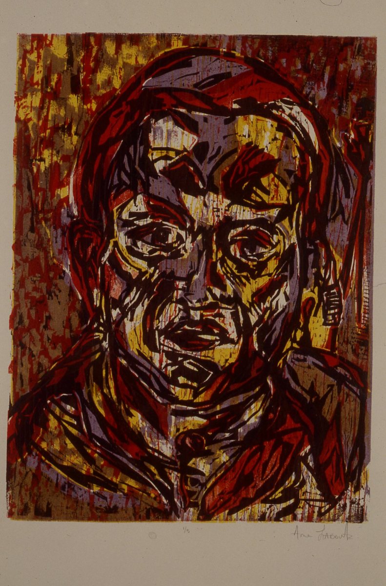 Untitled Wood Block Print IV, Masi Mira, subject sat still while many watched as a drew by Anne Labovitz 