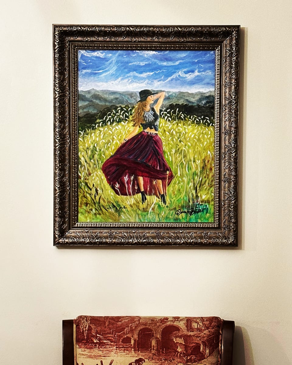 Gypsy Summer by Caron McBride  Image: Sunny meadow beckons Gypsy to dance in the light and celebrate a season coming to an end. Harvest is ripe. 16x20 multimedia on canvas board