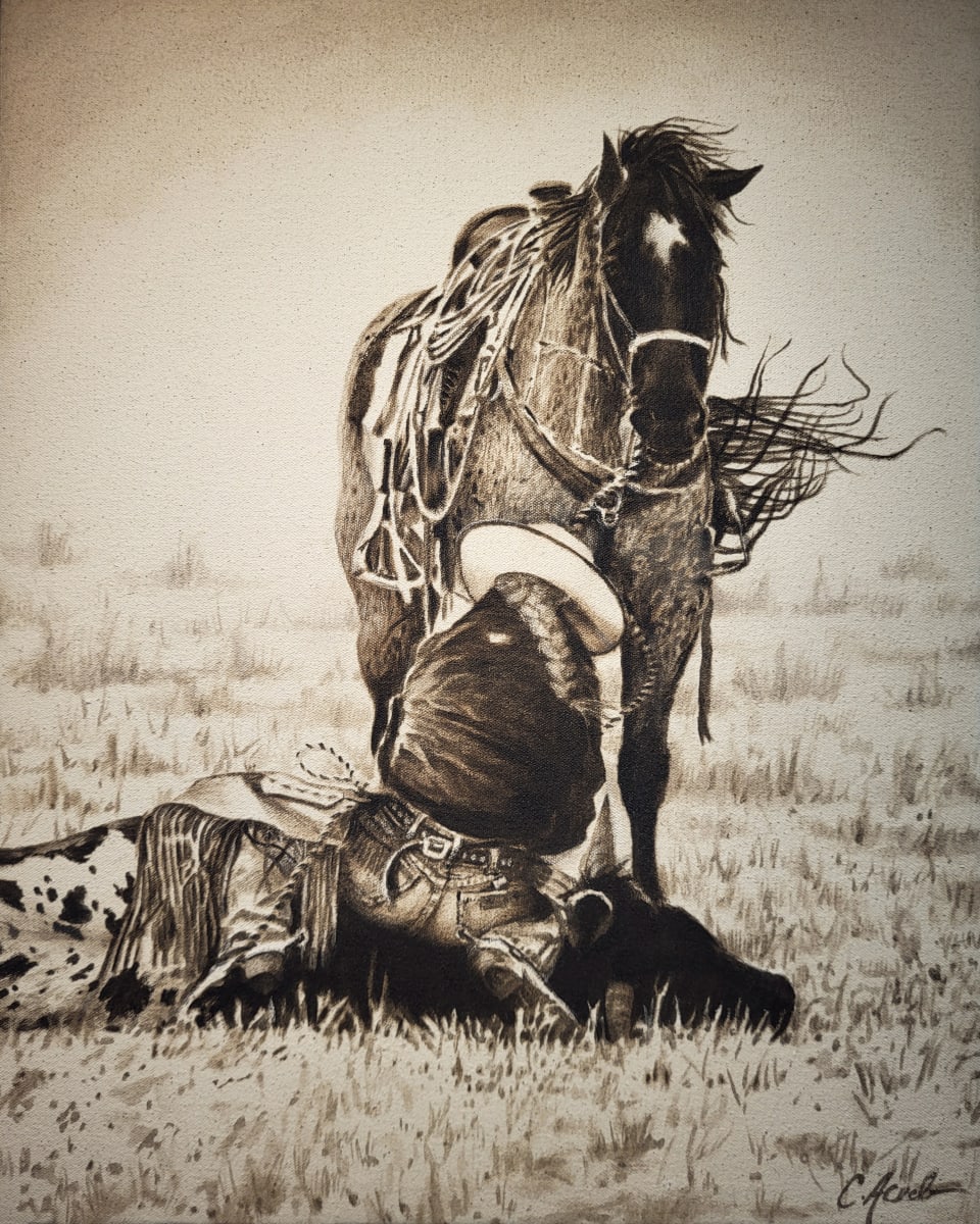 Girl Power by Carol L. Acedo  Image: A cowgirl and her roan mare tend to a cow's needs.
