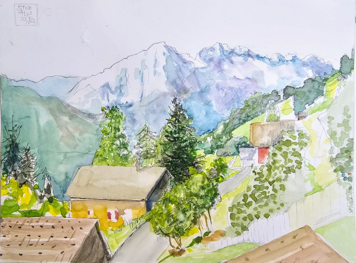 Swiss Alps, 2023 by Debi Slowey-Raguso  Image: D Slowey Raguso
Swiss Alps, 2023
Watercolor, 9 x 12 inches