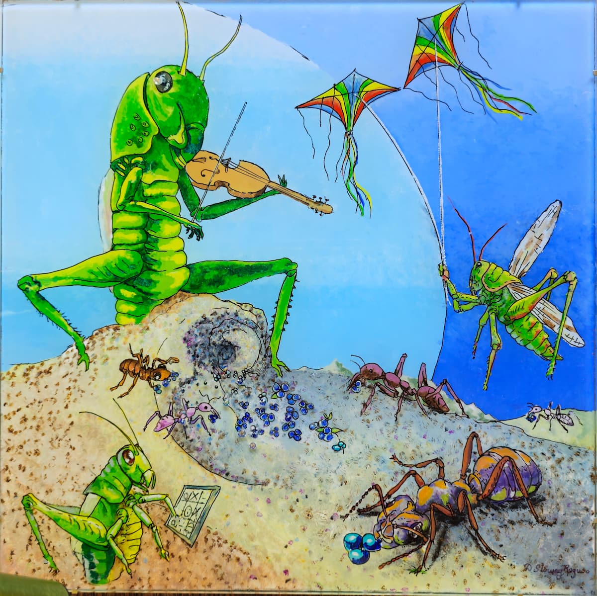 "Idle Days, Industrious Ways" by Debi Slowey-Raguso  Image: "Idle Days, Industrious Ways" 2024,  Oil reverse glass painting, 14 x 14 inches