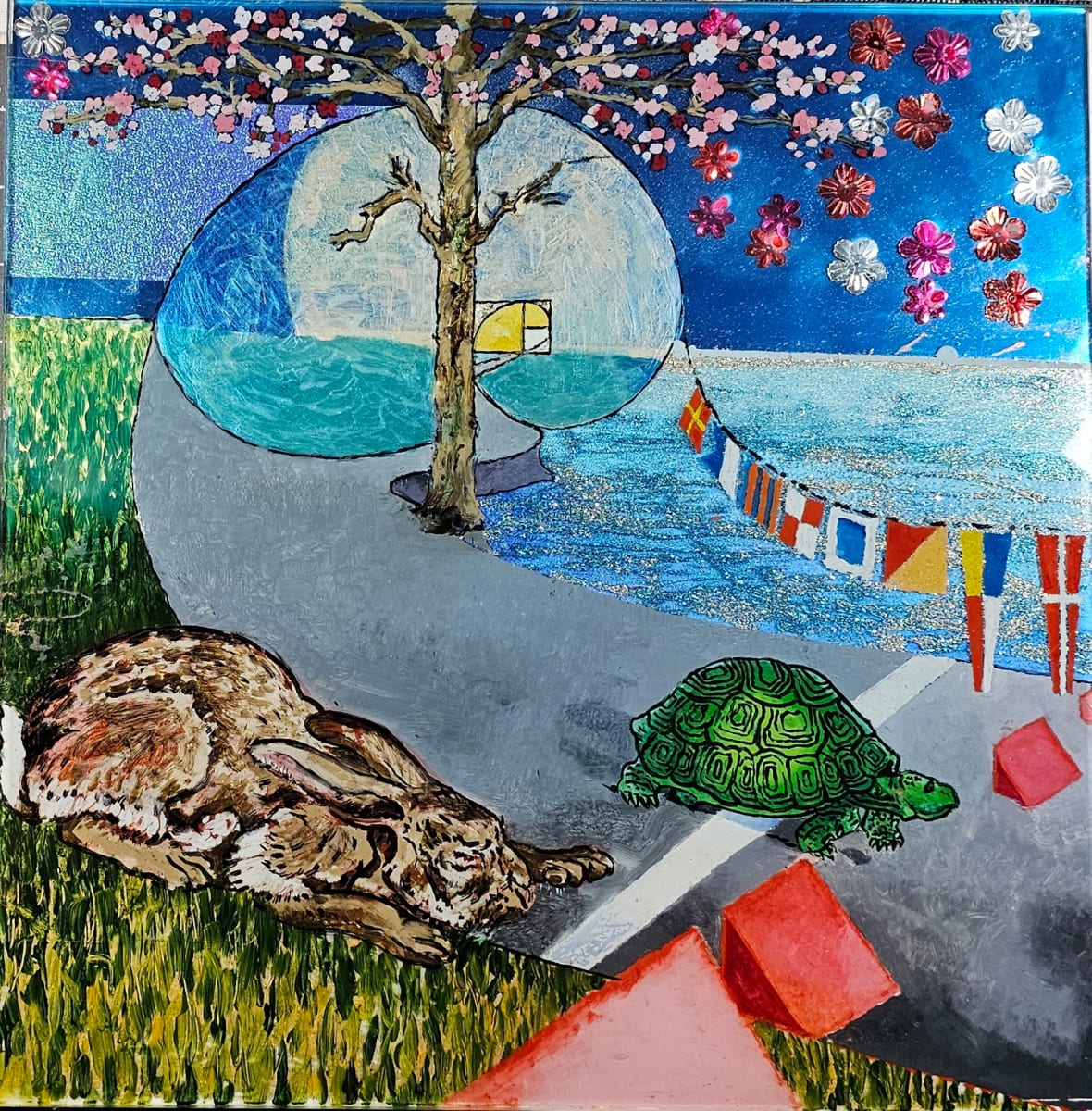 "The Rabbit, the Tortoise, and the Unexpected Outcome" by Debi Slowey-Raguso  Image: Rabbit and Tortoise and the Unexpected Outcome, 2024, reverse glass painting, 14x14 inches