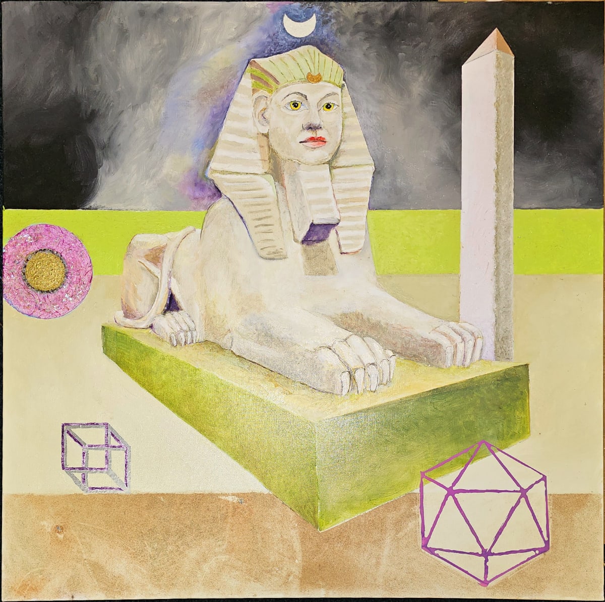 Known fruit of the unknown by Debi Slowey-Raguso  Image: Sphinx,  2023. Oil on canvas, mylar, crystals,  30 x 30 inches