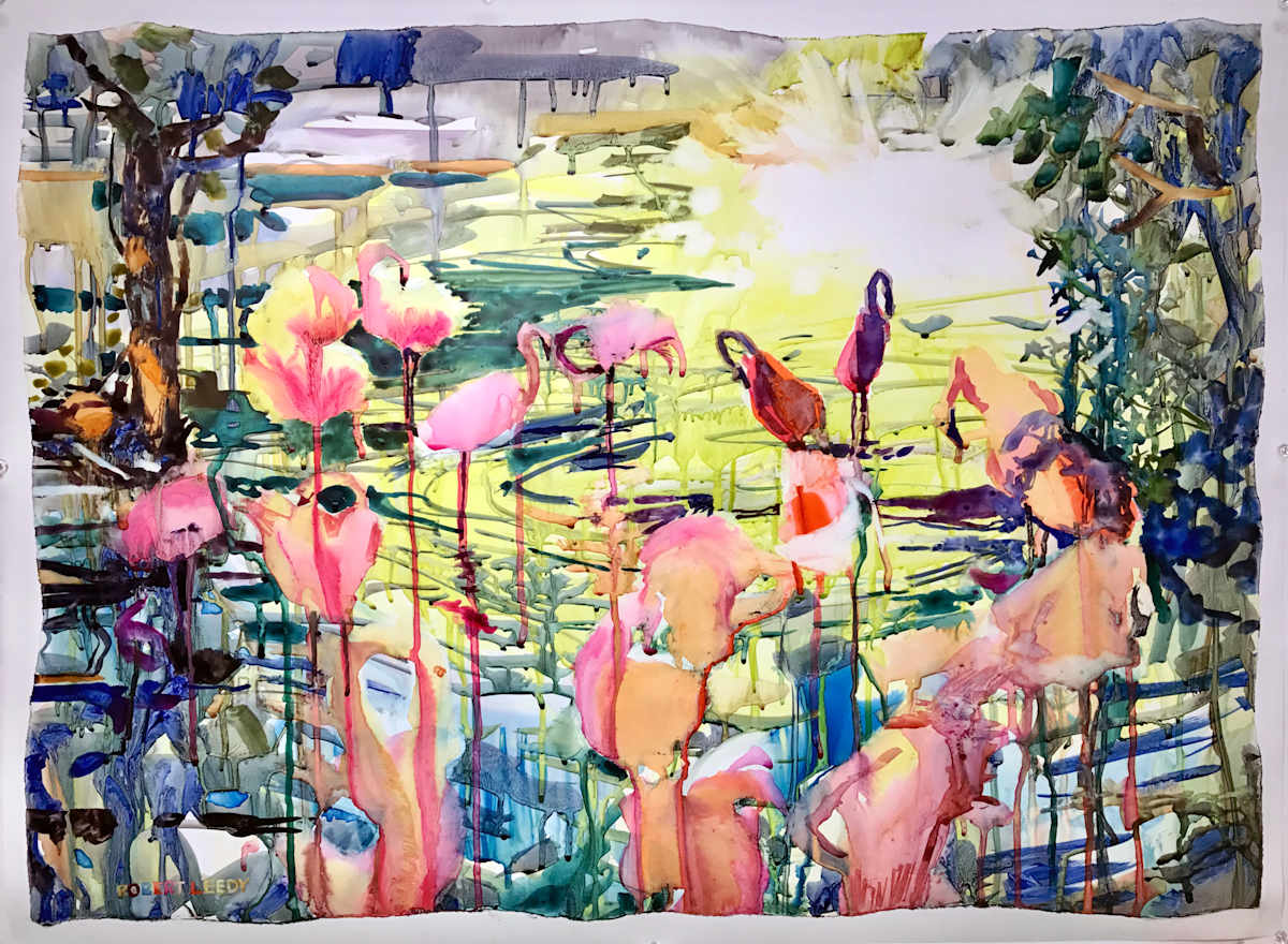 "Bathing Flamingos II" by Robert H. Leedy, Image 1.