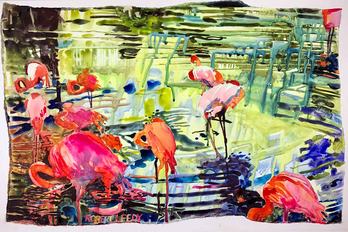 "Bathing Flamingos IV" by Robert H. Leedy, Image 1.