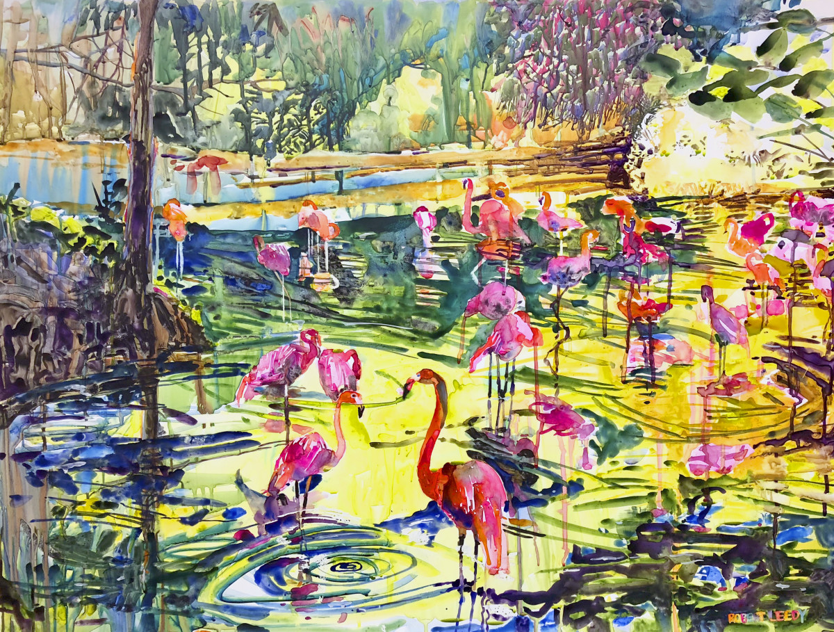 "Bathing Flamingos VI" by Robert H. Leedy 