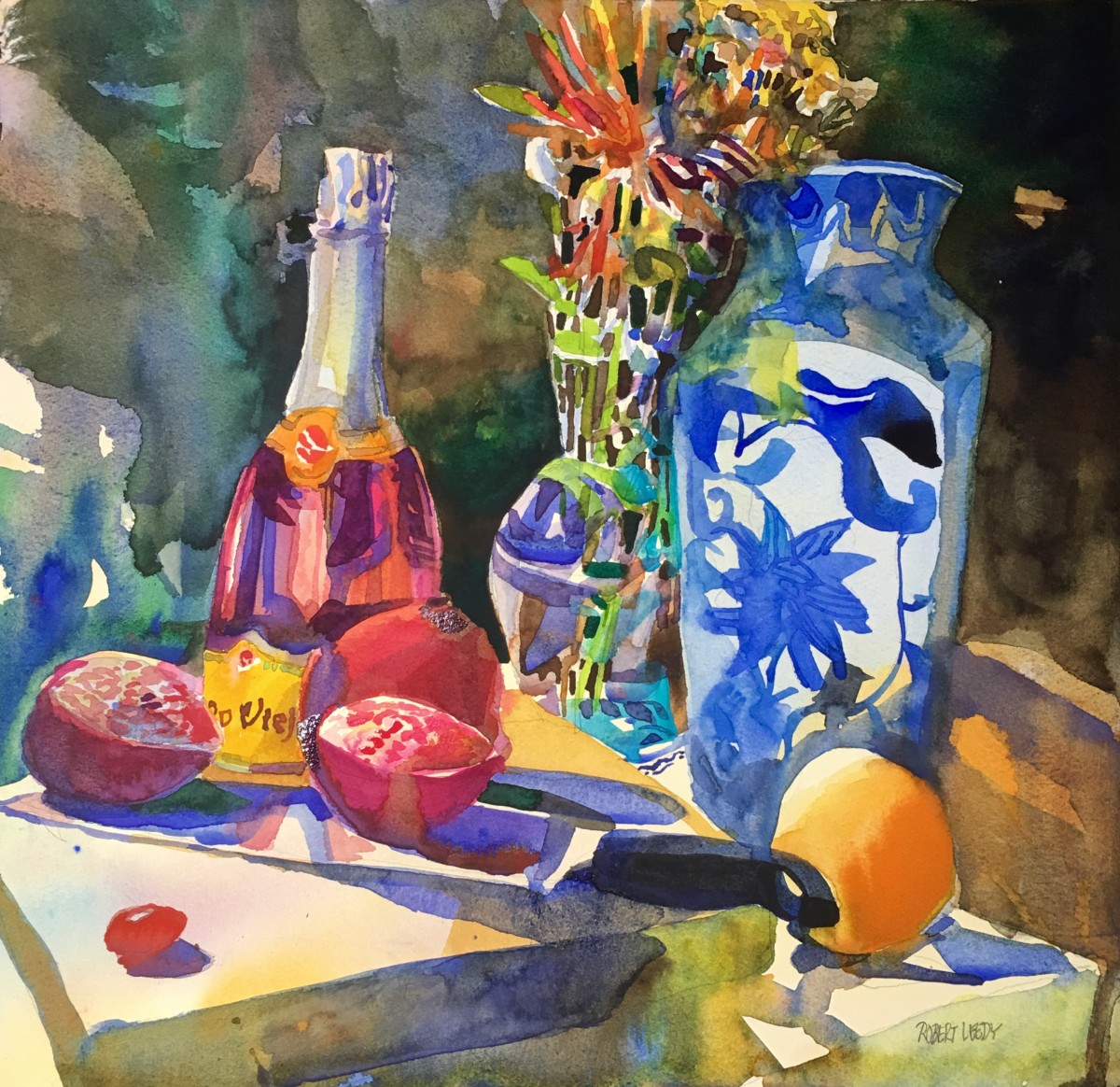 "Still Life with Cava, Pomegranates, and an Orange" by Robert H. Leedy 
