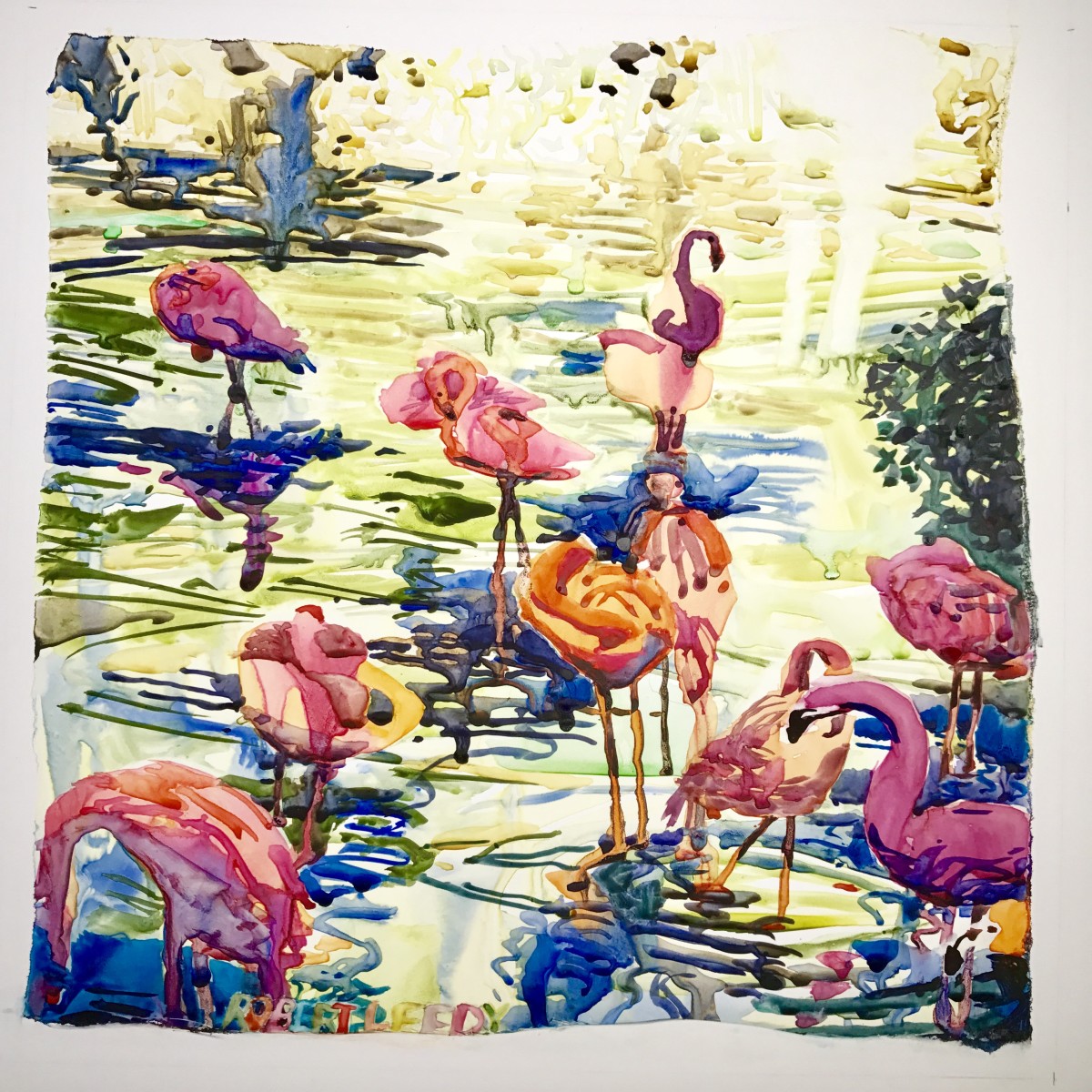 "Bathing Flamingos III" by Robert H. Leedy 