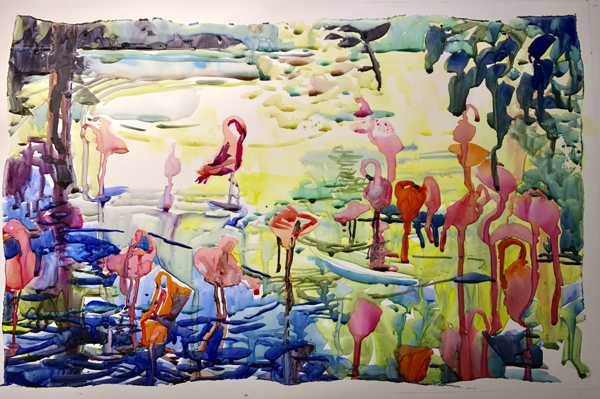 "Bathing Flamingos I" by Robert H. Leedy 